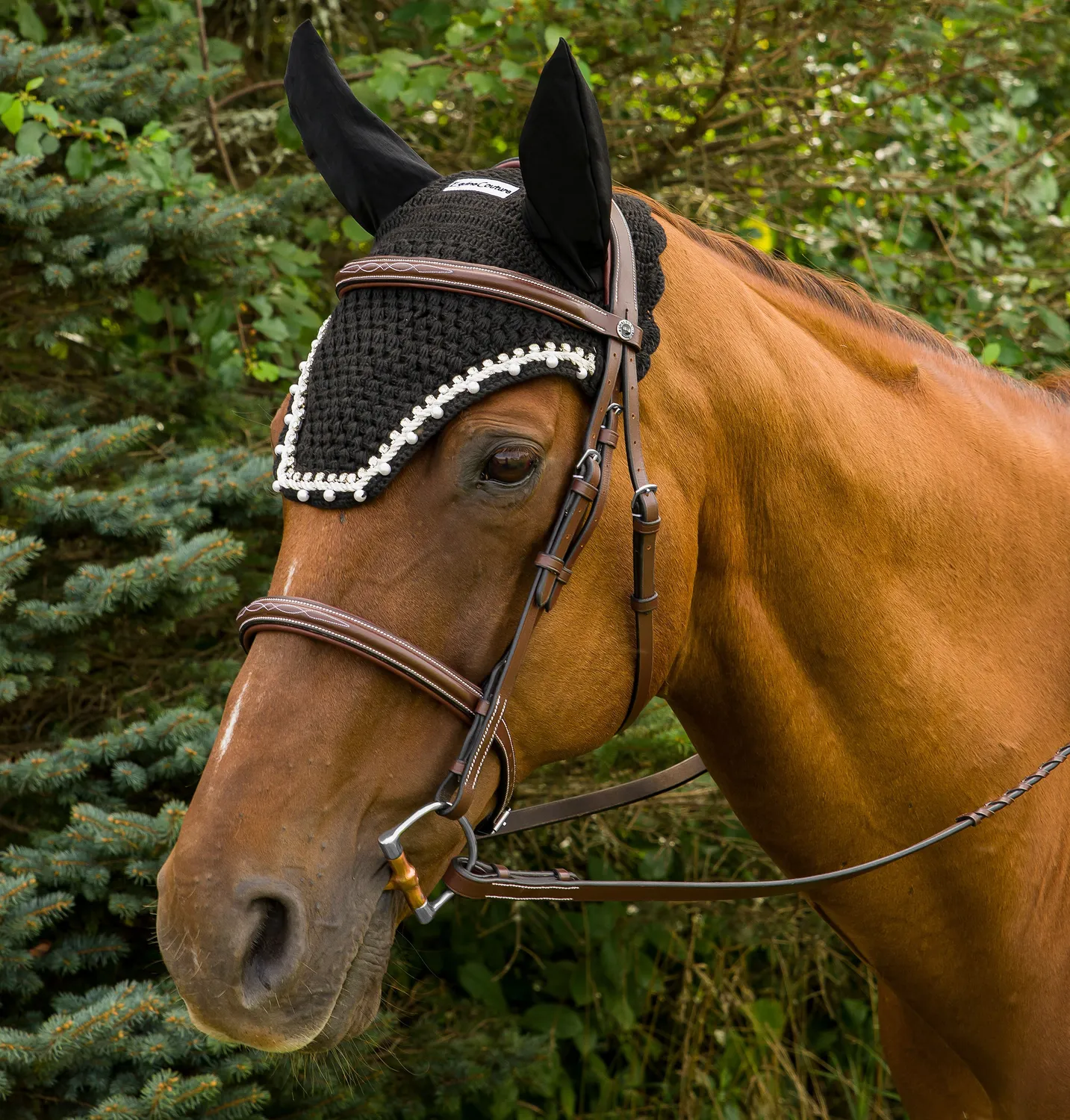 Equine Couture vliegenmuts zwart met parels Full