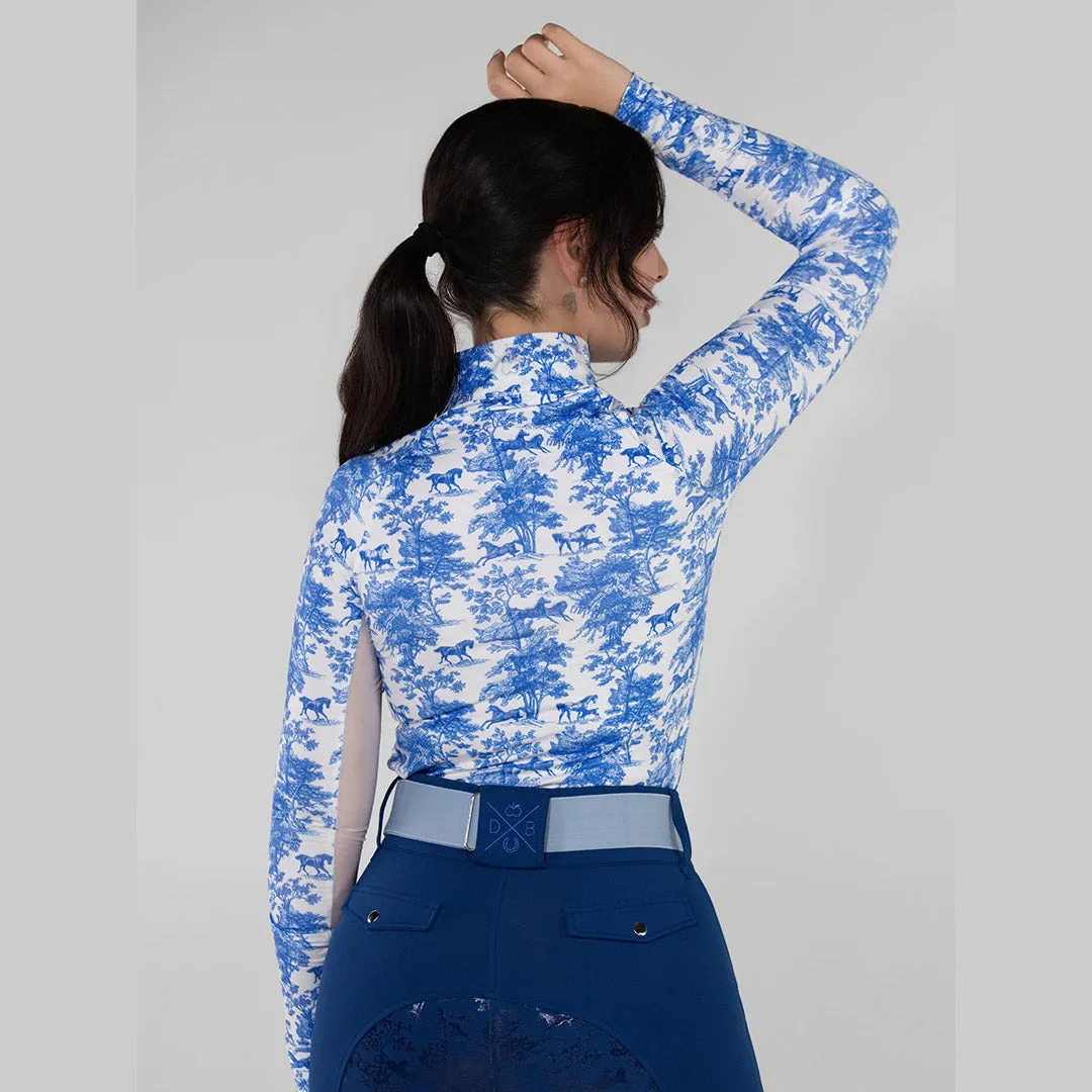 Dapplebay Equestrian Toile 1/4 Zip rijshirt blauw-wit print