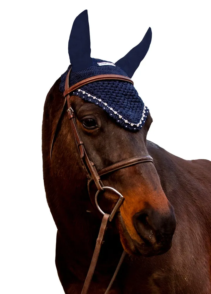 Equine Couture Fly Bonnet with Crystals vliegenmuts zwart cob met strass