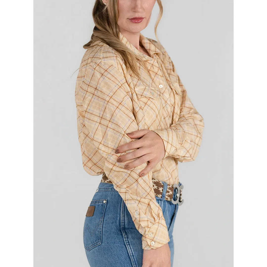 Dapplebay Breezy Button Up blouse tan ruit katoen gauze