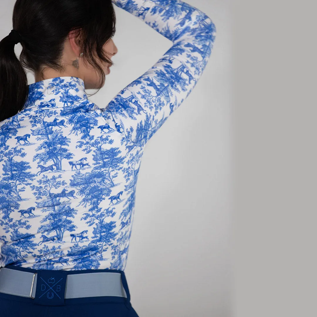 Dapplebay Equestrian Toile 1/4 Zip rijshirt blauw-wit print