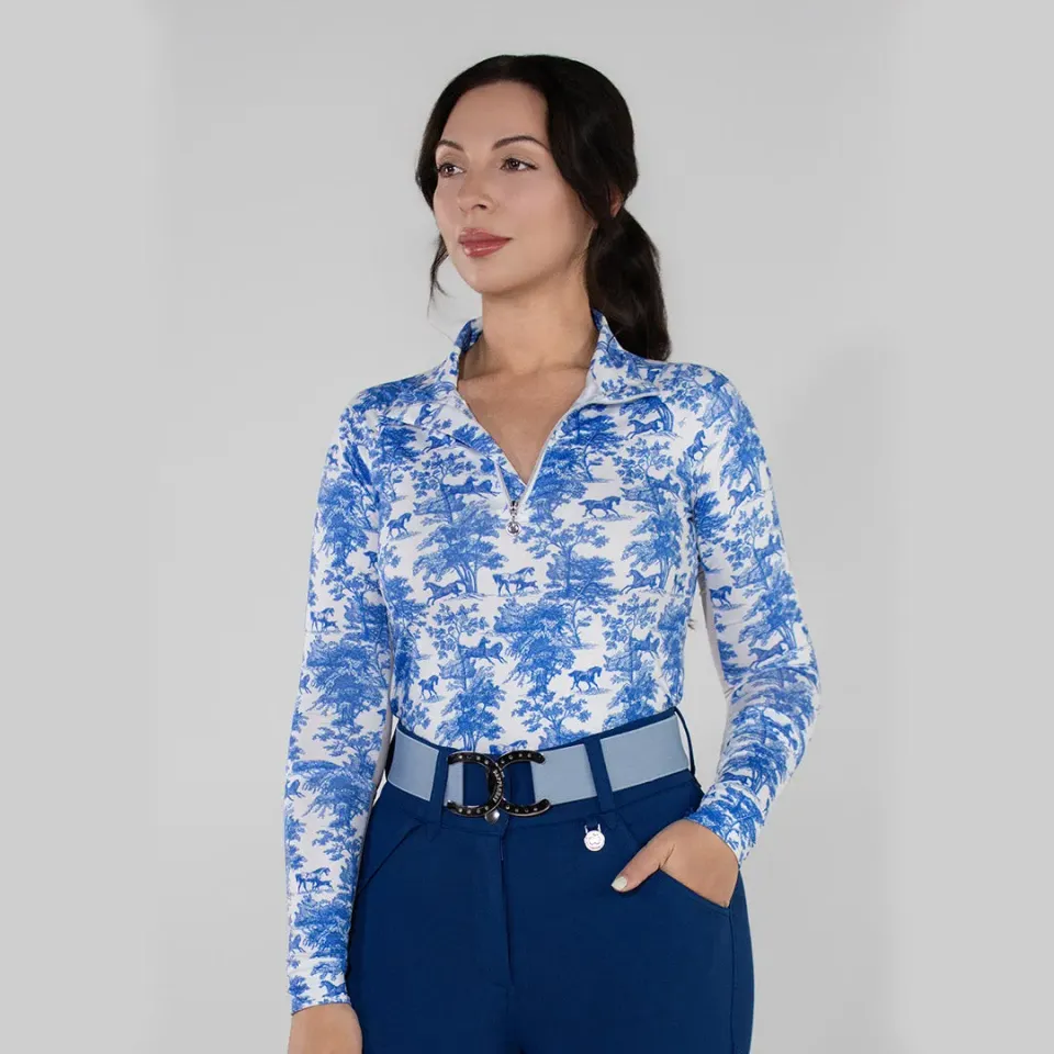 Dapplebay Equestrian Toile 1/4 Zip rijshirt blauw-wit print