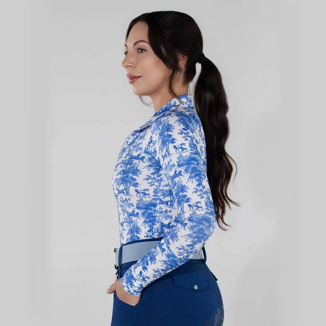 Dapplebay Equestrian Toile 1/4 Zip rijshirt blauw-wit print