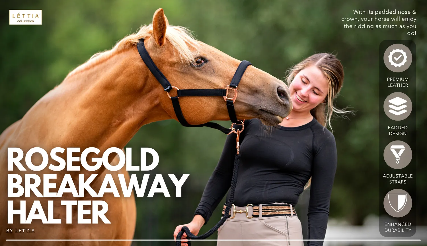 Lettia Rosegold leren halster breakaway zwart cob