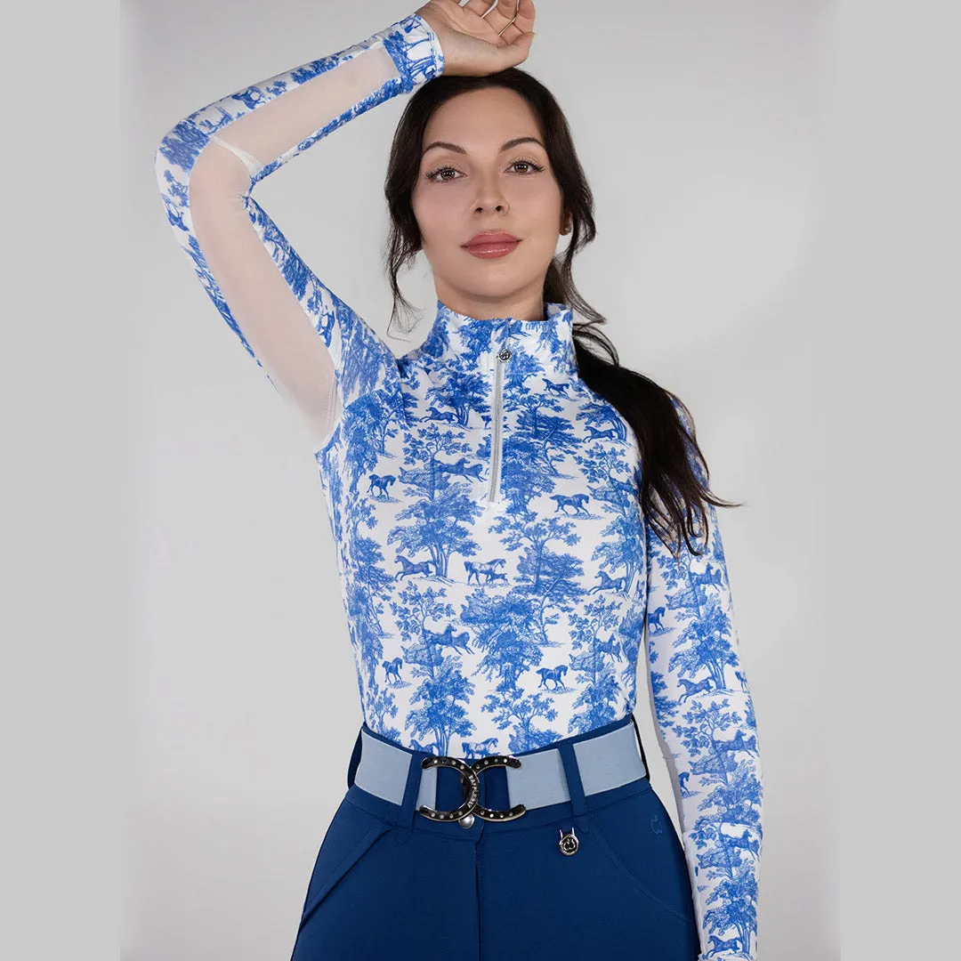 Dapplebay Equestrian Toile 1/4 Zip rijshirt blauw-wit print