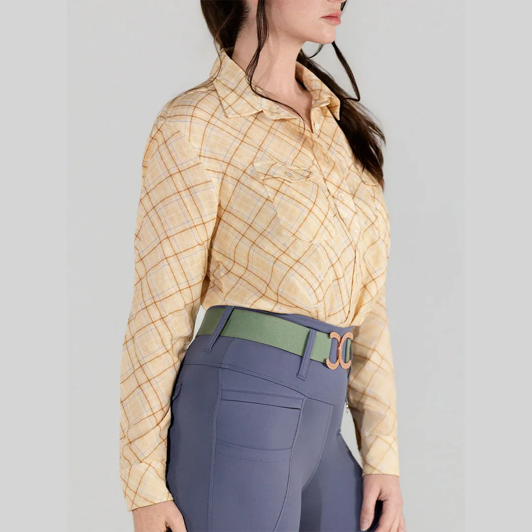 Dapplebay Breezy Button Up blouse tan ruit katoen gauze