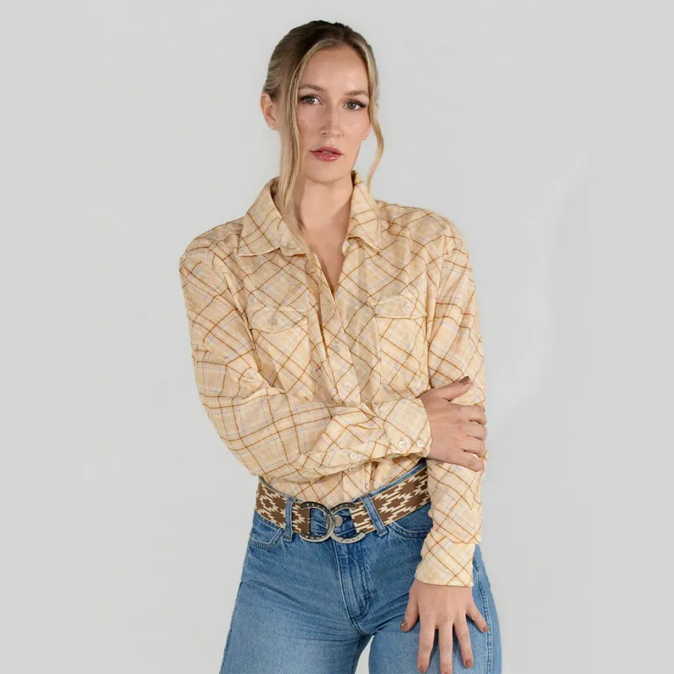 Dapplebay Breezy Button Up blouse tan ruit katoen gauze